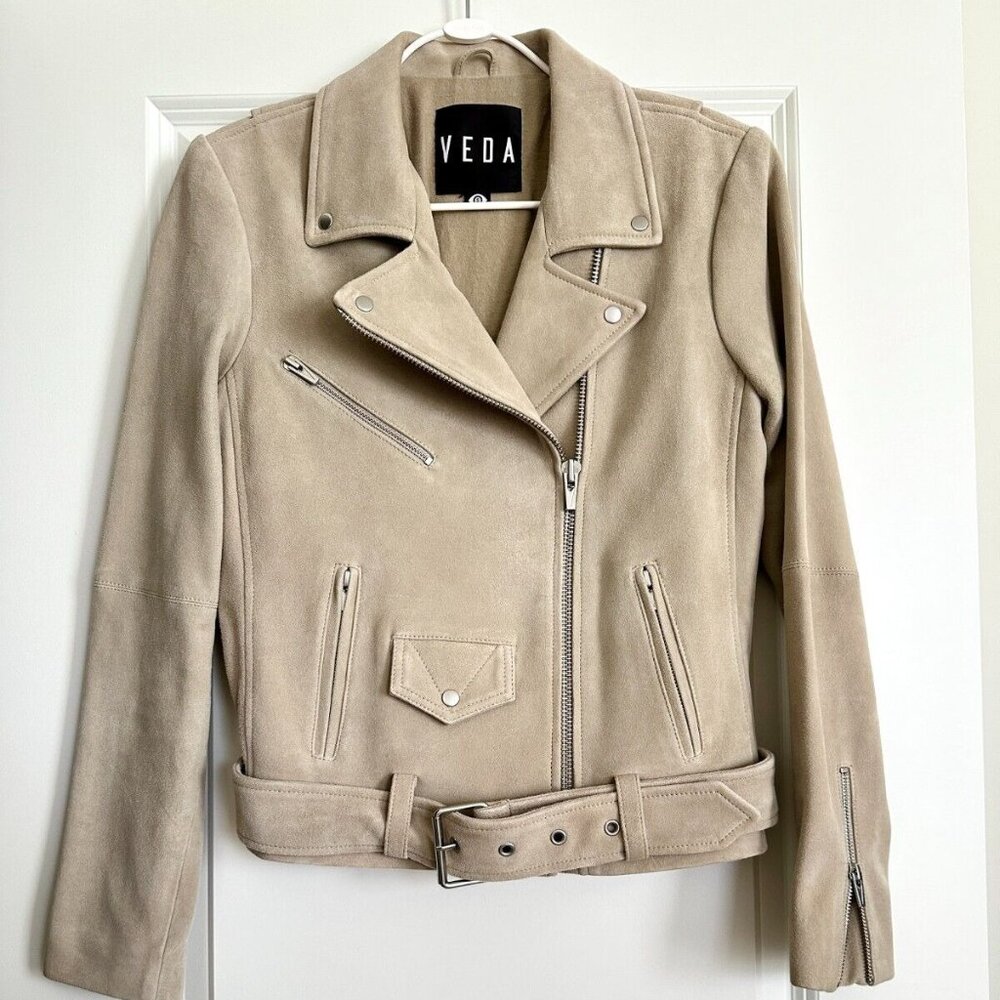 Women's VEDA Goat Suede Leather Belted Moto Jacket in Taupe Size S